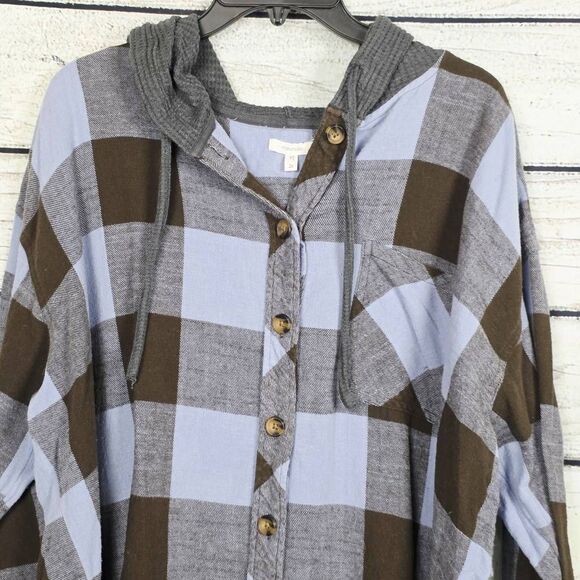 Maurices Blue Brown Plaid Button Front Hoodie Shirt 2X - Picture 2 of 6